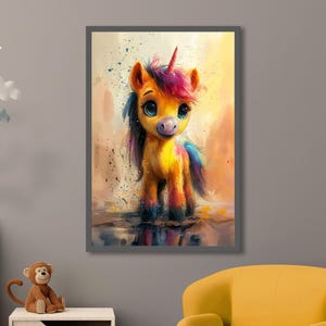Impresión artística de unicornio: arte de pared con arcoíris para niños, decoración colorida para guardería, póster con ilustración de unicornio, regalo de cumpleaños vibrante y caprichoso