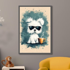 Cooler Kaffeeposter Hund – Lustige Illustration, Humorvolle Wandkunst für Kaffeeliebhaber & Hundefans