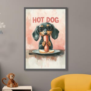 Funny Hot Dog Dachshund Art Print – Humorous Dog Wall Art, Wiener Decor, Sausage Dog Poster for Kitchen or Living Room, Gift for Dog Lovers