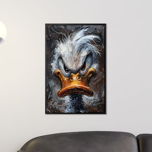 Impresión de arte de retrato de pato expresivo, decoración de pared de pájaro impasto, cartel de pato enojado, arte animal texturizado, obras de arte emocional, decoración peculiar del hogar