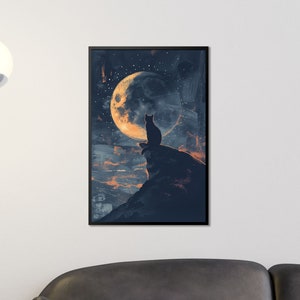 Mystische Katze und Mond Kunstdruck, Katzen Wanddeko, Mondbetrachtende Katze Poster, Sternenhimmel Kunst, Geschenk für Katzenliebhaber