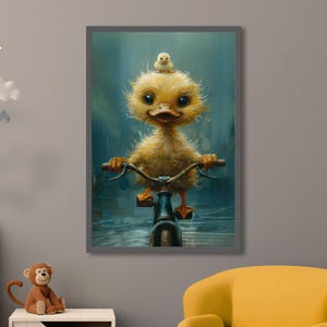 Patito caprichoso montando bicicleta arte impresión, linda decoración de la pared del pato bebé, cartel de animales juguetones, decoración de la guardería, regalo del amante del pato, arte de la bicicleta