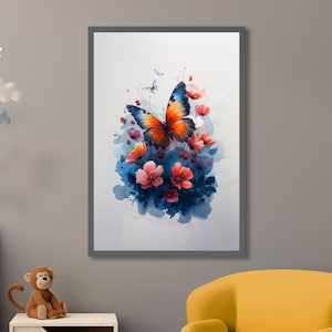 Vibrant Butterfly and Floral Watercolor Art Print, Colorful Butterfly Wall Decor, Nature Inspired Poster, Botanical Art Butterfly Lover Gift