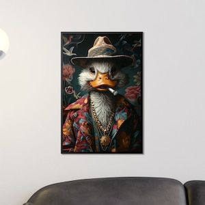 Dapper Duck in Floral Suit Art Print, Cool Duck Wall Decor, Anthropomorphic Animal Poster, Quirky Duck Lover Gift, Humorous Art