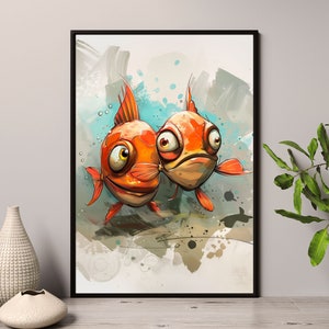 Lustiges Fisch Kunstposter, Skurrile Tier Wanddeko, Süße Fische Illustration Kunst, Lebendiger Fisch Druck, Geschenk für Kunstliebhaber