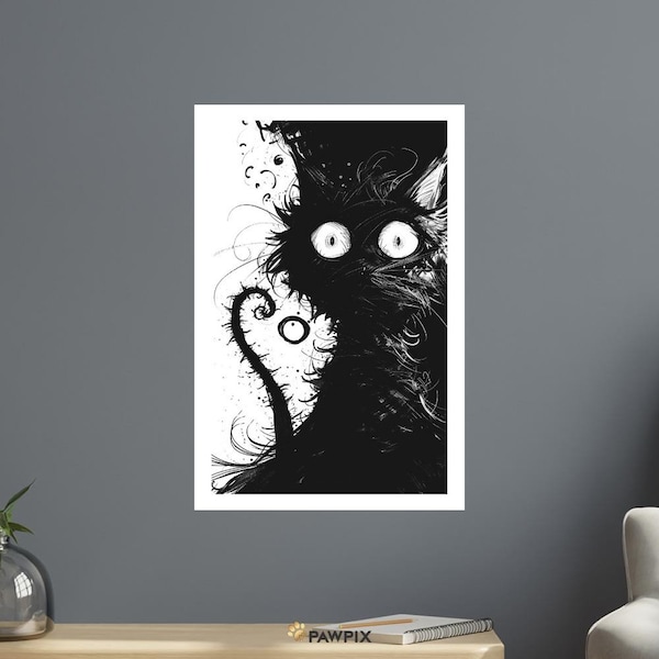 Chat Noir 2 - Black & White Cat Art Print - Monochrome Feline Illustration - Unique Wall Decor - Perfect Gift for Cat Lovers - Home Artwork