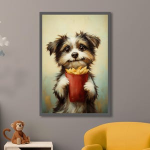 Adorable Dog with Fries Art Print – Funny Puppy Illustration, Quirky Wall Art for Food & Dog Lovers, Perfect Gift Idea
