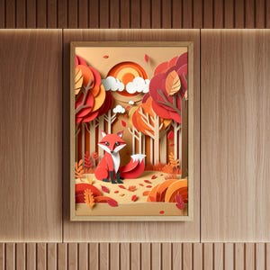 Fuchs Scherenschnitt Stil Kunst Druck | Herbst Wald Wanddeko | Tier Poster Natur | Geschenk für Tierfreunde, Orange und Rot