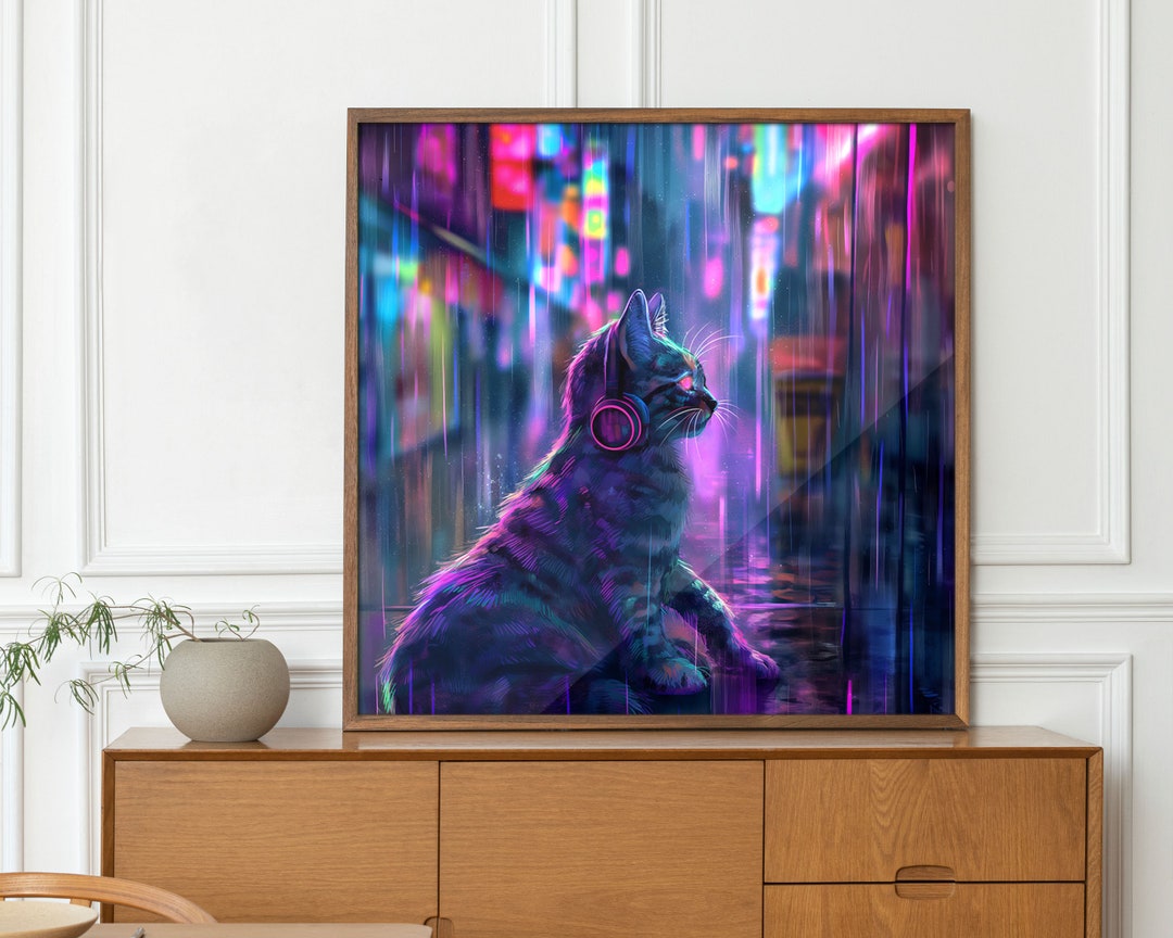 Cat Wall Art Cyberpunk Cat Poster | Neon Animal Print | Futuristic Wall ...