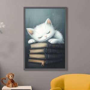 Stampa artistica Bookish Kitty – Graziosa decorazione murale con gatto addormentato, accogliente poster per la lettura, decorazione estetica per la casa, animale domestico per inaugurazione della casa, regalo per insegnante per lei