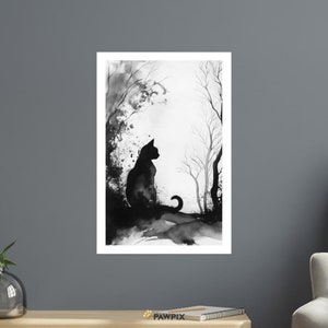 Chat Noir 6 - Monochrome Cat Silhouette Art Print - Ink Wash - Minimalist Cat in Nature Wall Art - Black and White Animal Decor - Home Decor