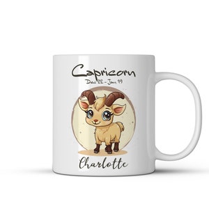 Spersonalizowany kubek ze znakiem zodiaku Koziorożec, słodka ilustracja - możliwość personalizacji nazwy - idealny prezent dla przyjaciół i rodziny - wyjątkowy kubek z horoskopem