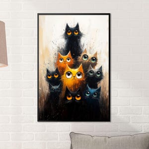 Eyes of Curiosity: impresión artística de un grupo de gatos coloridos, decoración de pared felina caprichosa, regalo perfecto para amantes de los gatos y entusiastas del arte