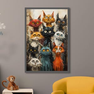 Cartel de gato purrfectamente peculiar, frenesí felino colorido, arte de pared de gato caprichoso, regalo de amante de los gatos, decoración divertida de mascotas