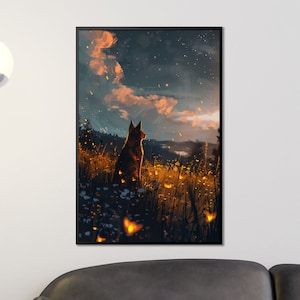 Stampa artistica di Twilight Dog, Serene Dog in Wildflowers Wall Decor, Poster di lucciole, Regalo per gli amanti della natura, Opera d'arte magica per cani, Paesaggio crepuscolare