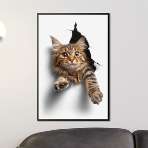 Breaking through – Katze – Lebhafter Kunstdruck, Wandkunst, Poster, Digitaldruck, Nahaufnahme, Premium Papier Qualität