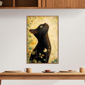 Schwarze Katze Kunstdruck, Herbstliches Katzen Wandbild, Elegantes Katzenporträt, Natur inspiriert, Moderne Tierkunst für Katzenliebhaber