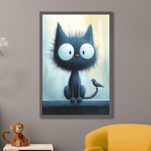 Stampa artistica Big-Eyed Surprise – Divertente stampa da parete con gatto nero, simpatico poster di animali, arredamento estetico moderno, regalo stravagante per la casa per lei