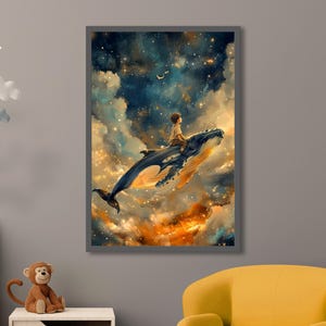 Impresión artística de viaje celestial: póster de paseo mágico en ballena para niños, arte de pared cósmico para guarderías y decoración de ensueño, decoración de guardería grande