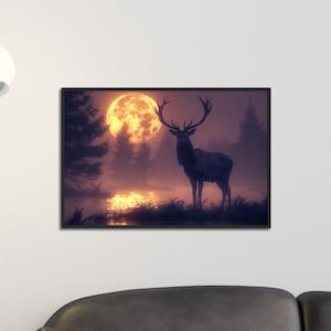 Cartel de ciervo bajo la luz de la luna, arte de la pared de la naturaleza serena, majestuosa impresión de ciervo, decoración de animales del bosque, paisaje del bosque, noche iluminada por la luna