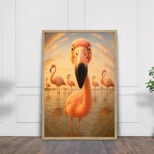 Lámina de flamenco para pared, póster de pájaro divertido, decoración surrealista de animales, arte mural de pájaro rosa, escena de lago al atardecer – Retrato de flamenco curioso