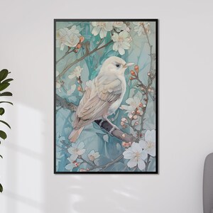 Stampa artistica di uccelli bianchi, uccello sereno sul ramo di fiori, decorazione da parete, delicato poster di uccelli floreali, regalo per gli amanti della natura, opere d'arte di uccelli pastello