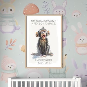 Babyzimmer Kinderzimmer Illustration Poster - Niedlicher Affe Kunstdruck, Inspirierendes Zitat , Tier Wandkunst, Dekoration, Positive Vibes