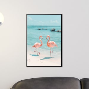 Flamingo Beach Art Print, Pink Flamingos Photography Large Wall Art for Living Room, Bedroom Decor, Trendy Nature Wall Art Housewarming Gift