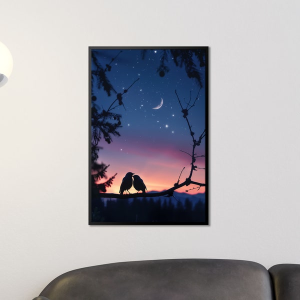 Sternenumarmung - Vogelsilhouetten bei Nacht Poster - Himmlische Romantik Wandbild - Tierposter, Kunstdruck, ideal fürs Schlafzimmer