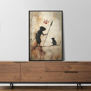 Pintura rupestre de un ratón divertida n.º 1, arte mural primitivo de un ratón, ilustración caprichosa de una rata, póster de un animal rústico, decoración inspirada en el arte antiguo