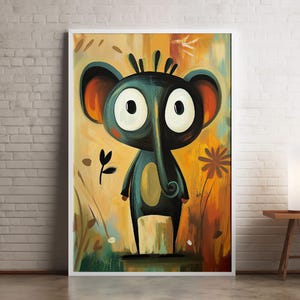 Arte de pared con elefantes peculiares: póster divertido de animales para la sala de estar o la habitación de los niños / Obra de arte colorida con elefantes