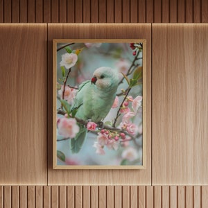 Impresión de arte de loro verde sereno, decoración de pared de pájaro pastel, cartel de pájaro de flor de cerezo, regalo amante de la naturaleza, arte de pájaro calmante