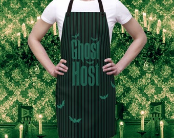 May include: A black and green striped apron with the text "Ghost Host" in green lettering and a pattern of bats.