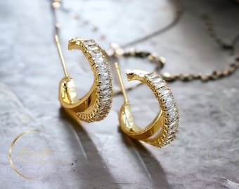 Dainty Gold Hoop Earrings⎢Gold Inlaid Hopp Earrings⎢Gemstone Inlaid Hopp Earrings⎢Hoop Earrings