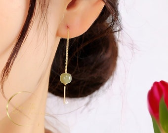 Natural Jade Drop Earrings⎢Dangling Jade Drop Earrings⎢Jade Earrings⎢Long Gold Chain Earrings⎢Jade Threader Earrings