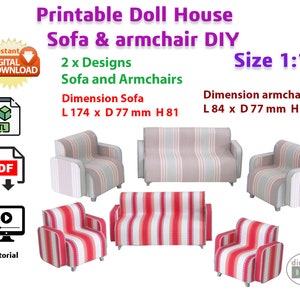 DIY Printable Diorama Dollhouse Sofa and Armchairs 1:12 Instant Download pdf, stl files Diorama modelling files for Dollhouse