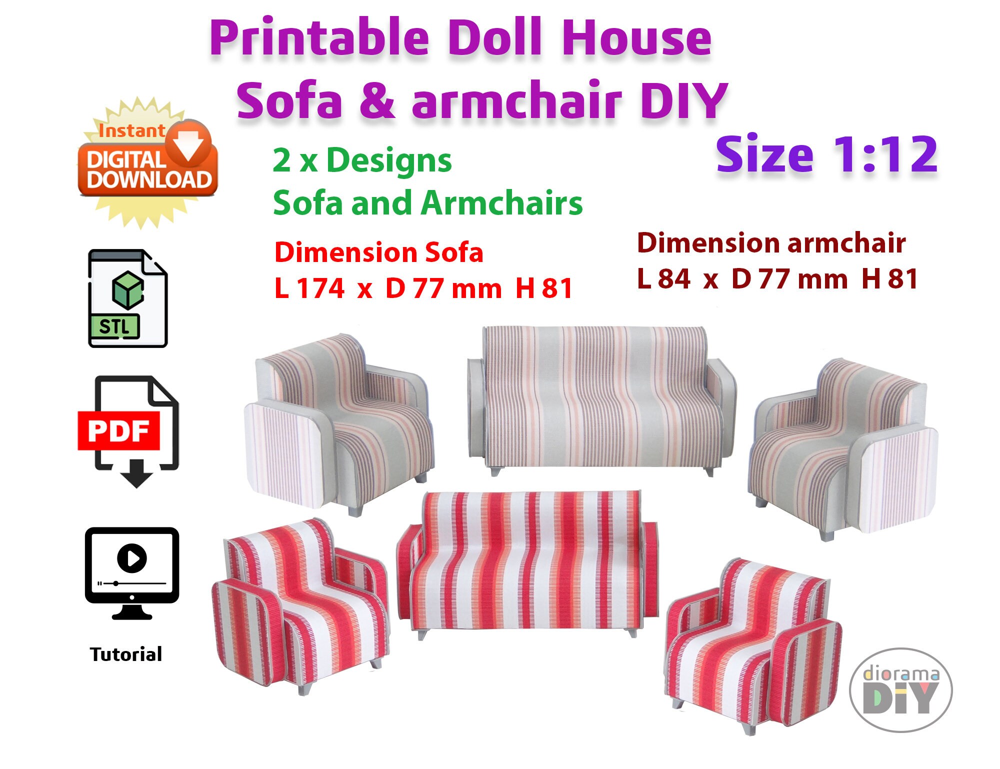 DIY Printable Diorama Dollhouse Sofa and Armchairs 1:12 Instant ...