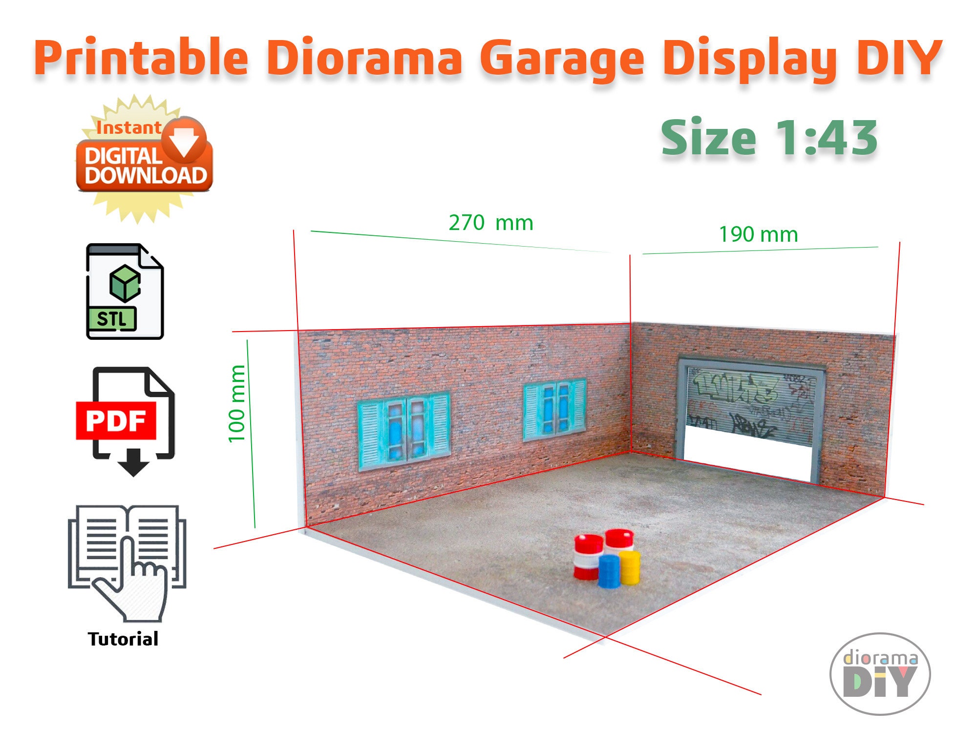 DIY Printable Diorama Brick Garage Scale 1:43 Instant Download Pdf, Stl ...