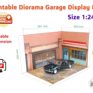 Garage Shop Display Diorama -  Sheets in A4 format - Instant Download - Print, cut and glue your Diorama Project - PDF size 1:24
