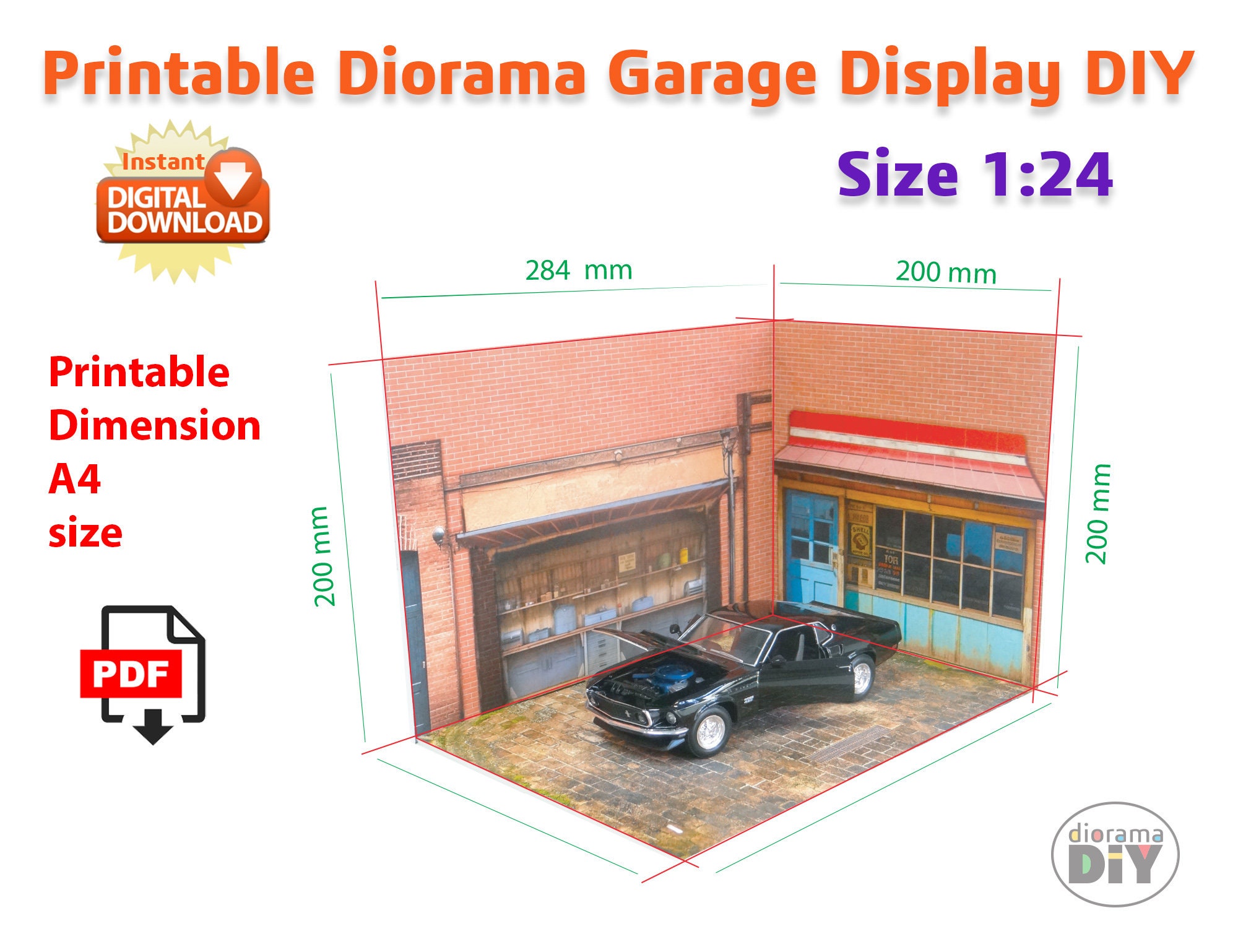 Garage Shop Display Diorama - Feuilles au format A4 - Téléchargement instantané - Imprimez, coupez et collez votre projet Diorama - Taille PDF 1:24