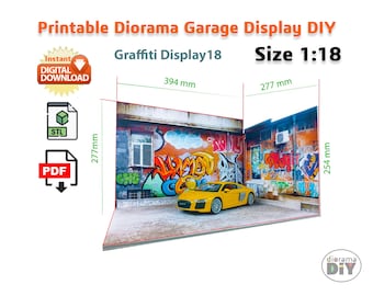 Diorama de garaje de grafiti a escala 1:18 STL: exhibición de coche DIY imprimible en 3D, descarga digital