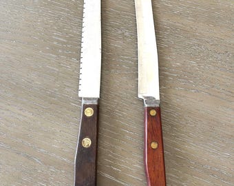 Vintage Serrated Bread and Carving Knife Set: Wood Handle Kitchen Decor