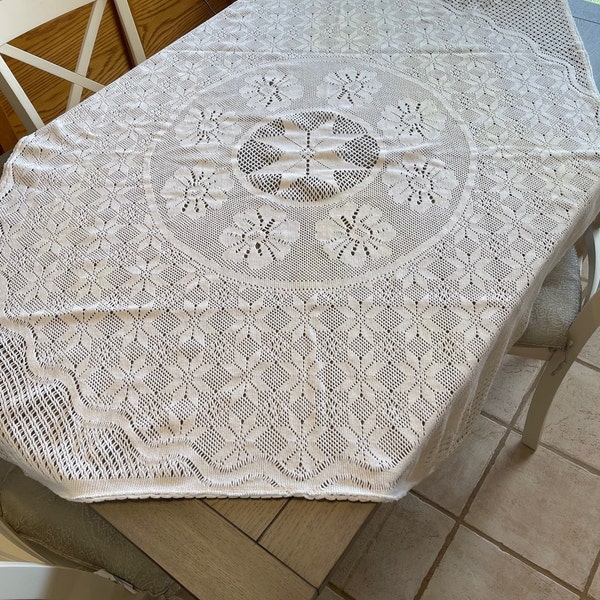 Vintage Heavy White Cotton Crochet Tablecloth 51 " X 61 " Shabby Chic, Farmhouse Décor Use Over a Tablecloth or Alone