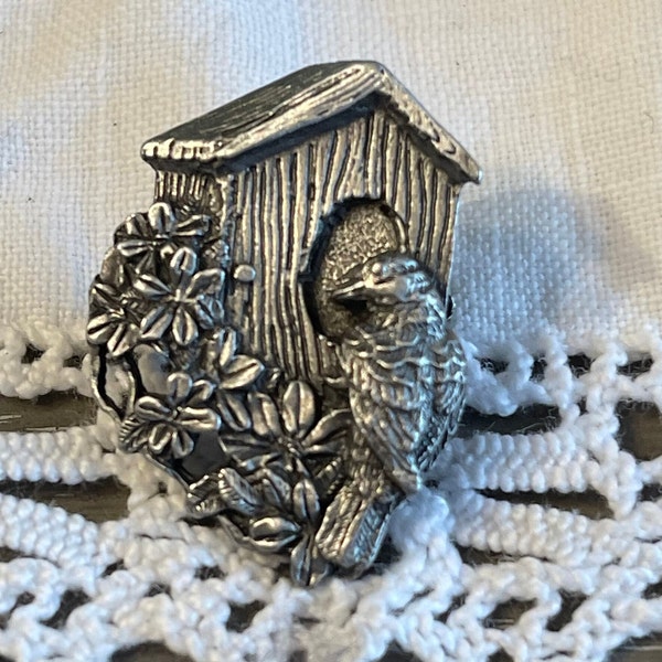 Birds and Blooms 3D Birdhouse Silver Pewter Pin Brooch Vintage 1997 Limited Edition Collectible Wonderful Scarf Accessory