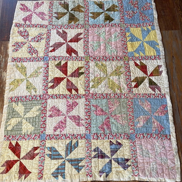 Beautiful Vintage Pinwheel Pattern Quilt Hand Pieced, Sewn and Quilted 100% Cotton,Thread and Batting  66 inches by 55 inches Good Condition