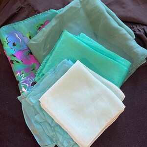 5 Vintage Aqua to Teal Scarves, two silk, two nylon and one unknown lovely wardrobe accessories