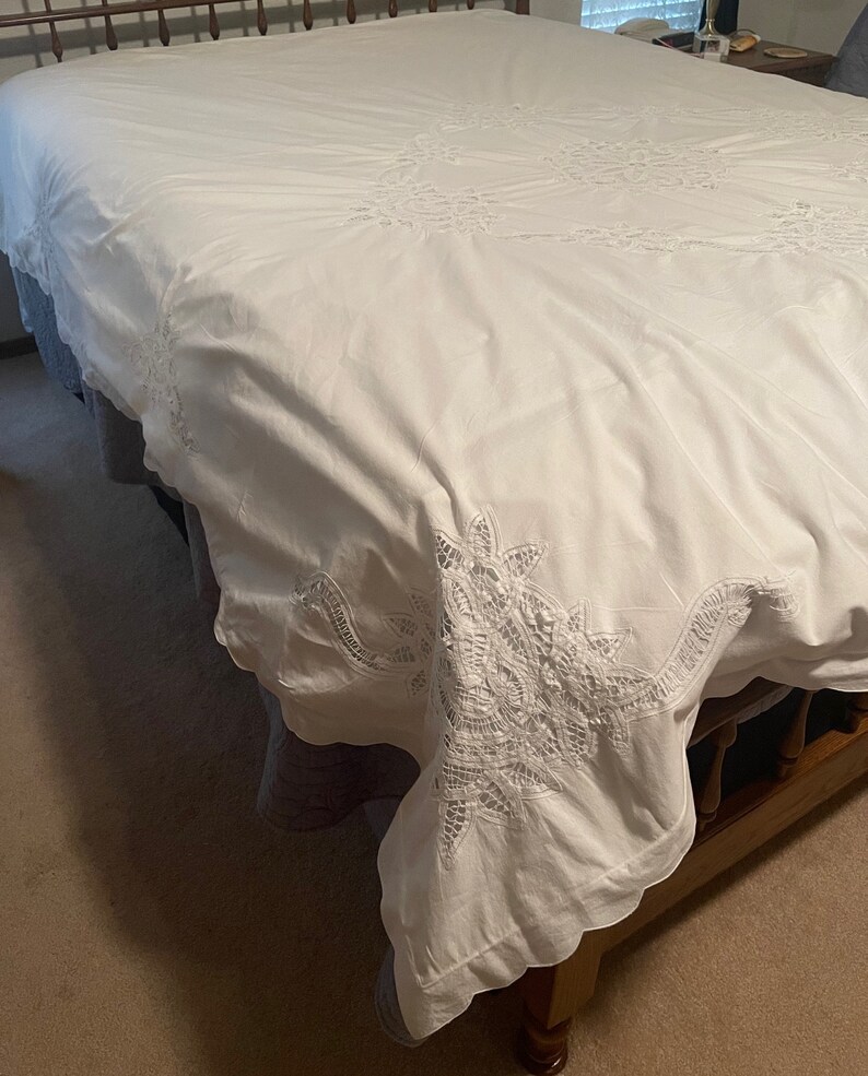 Beautiful Vintage White Battenberg Lace Duvet Cover 100 Soft Cotton