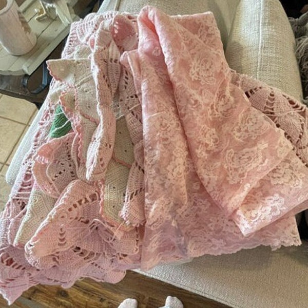 Lot of Vintage Crocheted and Lace Pink Items perfect for various Crafting Projects