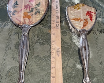 Vintage Vanity Handheld Mirror and Brush set with leaves ferns bamboo Art Deco - 50's