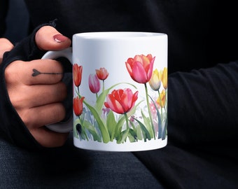 Watercolor Tulips| Flowers Mug | Flower Mug Gift | Flowered Gifts | Boho Wildflowers Cottagecore Coffee Mug | Flower Garden Lover Gift